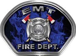  
	EMT Fire Fighter, EMS, Rescue Helmet Face Decal Reflective in Inferno Blue 
