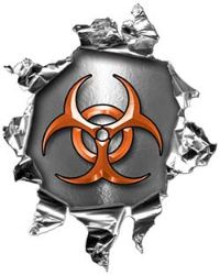 
	Mini Rip Torn Metal Bullet Hole Style Graphic with Orange Biohazard Symbol
