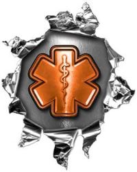 
	Mini Rip Torn Metal Bullet Hole Style Graphic with Orange EMS EMT MFR Paramedic Star of Life
