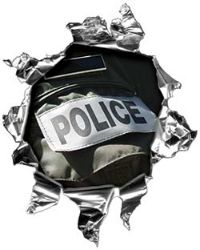 
	Mini Rip Torn Metal Bullet Hole Style Graphic with Police Gear
